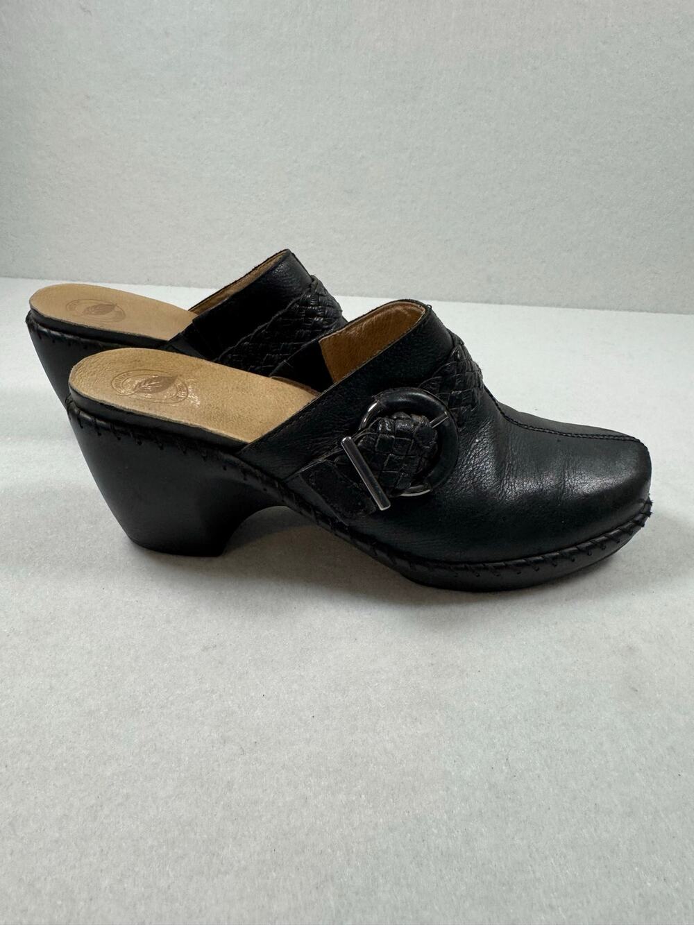 Nurture Ablee Leather Clogs Block 3inch Heel Mules Braided Buckle Black 6.5M